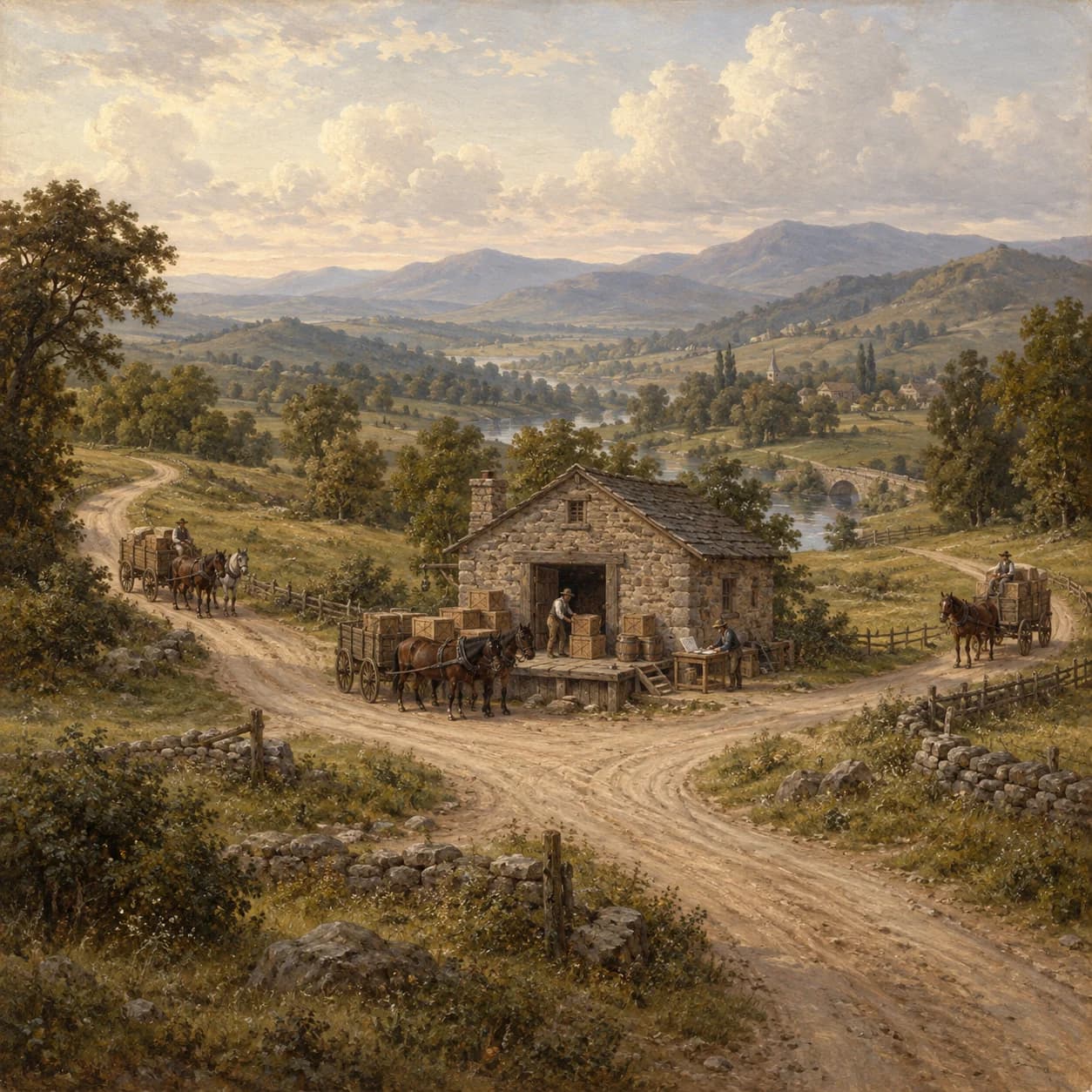 Horse-drawn freight wagons converge at a country depot, where workers receive crates beside winding roads and distant hills.