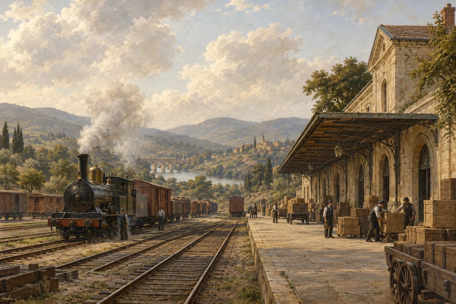 A historic freight station with a steam locomotive and cargo on the platform